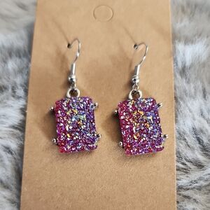 Sparkling Pink and Silver Druzy Style Dangle‎ Earrings